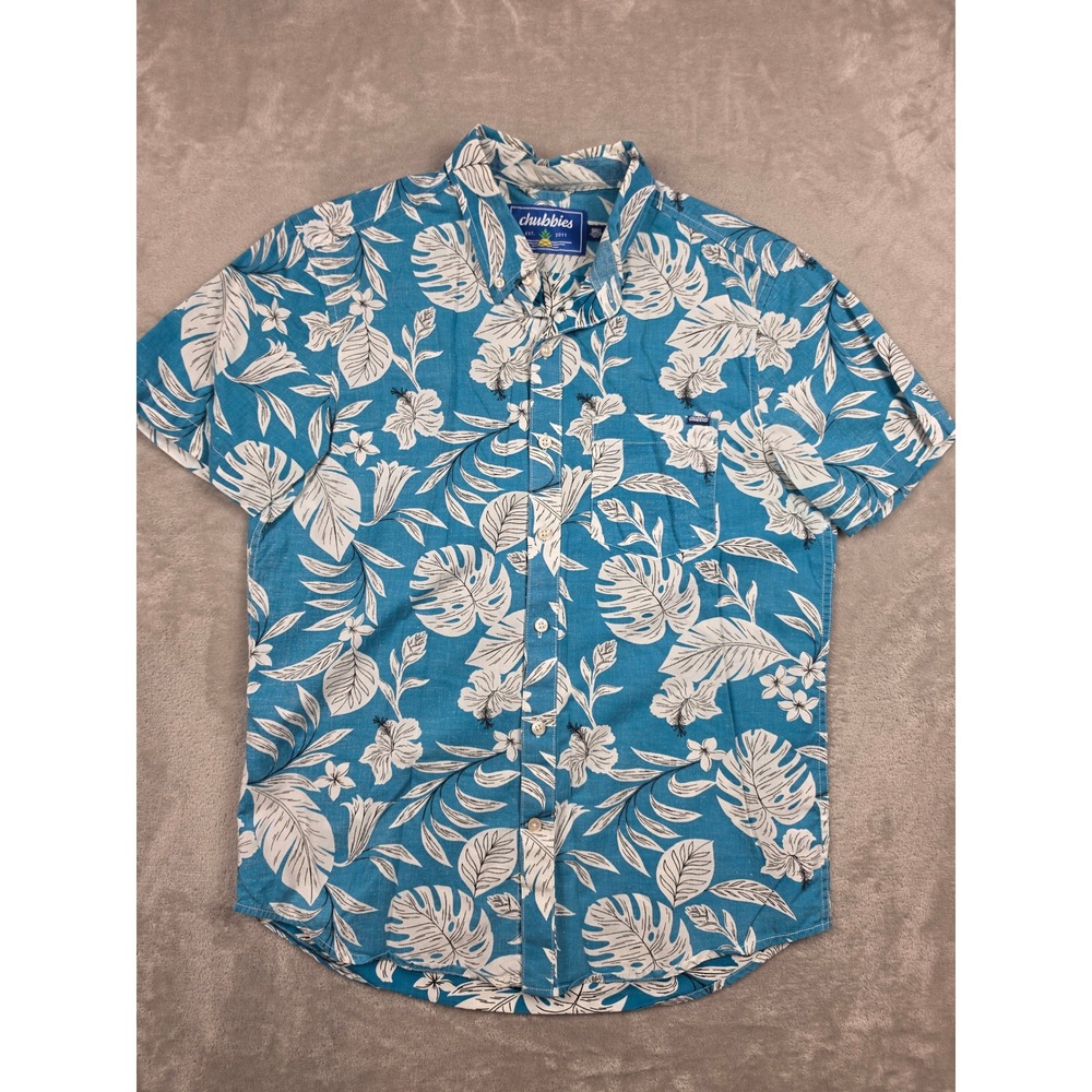 Chubbies Button Down Shirt Mens Small Blue Tropical Floral Short Sleeve Cotton